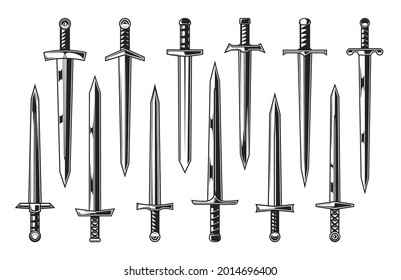 European knight medieval swords, heraldry. Vector weapon of medieval warriors set with straight sword, dagger, knife and broadsword, knightley arming weapon with double edged blades and ornate hilts