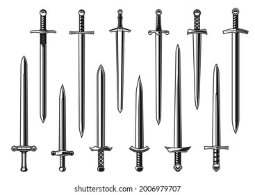 European knight straight swords vector design with weapon of medieval army warrior. Isolated dagger, knife or broadsword with double edged blades, hilts, guards and pommels, tattoo and heraldry design