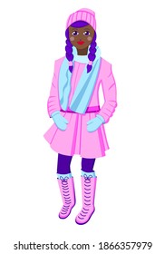 European lady. Young woman with braids. Violet hair. Age 18-25. Winter clothing. Warm pink coat, skirt and hat. Blue scarf and mittens. Fashion look. Cartoon flat style. For posters, interface design