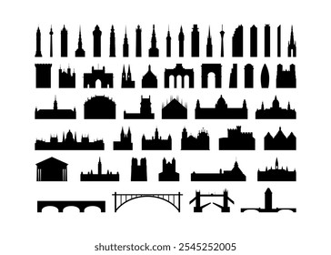 European landmark vector icon collection. Isolated black and white skyscraper, tower, arc, cathedral, bridge contours and logo pack for web design, infographics