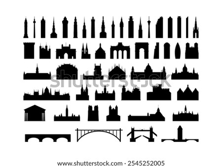 European landmark vector icon collection. Isolated black and white skyscraper, tower, arc, cathedral, bridge contours and logo pack for web design, infographics