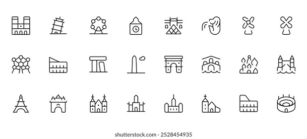 european landmarks icon. Symbol of global tourist and travel destinations for vacations. vector Editable. Line, Solid, Flat Line, thin style and Suitable for Web Page, Mobile App, UI, UX design.