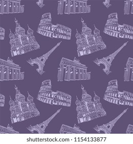 European Landmarks Sketch Vector Seamless Pattern