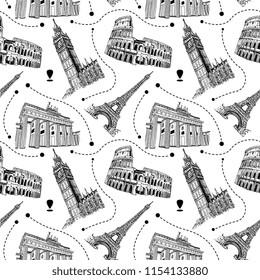 European Landmarks Sketch Vector Seamless Pattern