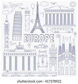 European landmarks and transports on squared background. Vector illustration with travel elements of  countries  France, Germany, GB, Italy, Spain, Greece, Portugal,  Czech