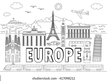 European landmarks and transports. Vector illustration with travel elements of countries  France, Germany, GB, Italy, Spain, Greece, Portugal