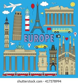 European landmarks and transports. Vector illustration with colour travel element of countries  France, Germany, GB, Italy, Spain, Greece, Portugal,  Czech