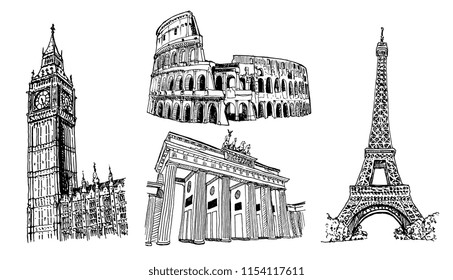 European Landmarks Vector Sketch Illustration Set