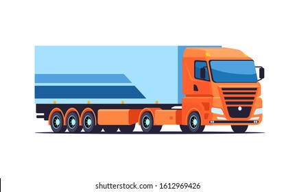 European large orange semi-trailer truck for long distance cargo transport. Concept logistic. Side and front view. Vector flat design, isolated on white background.