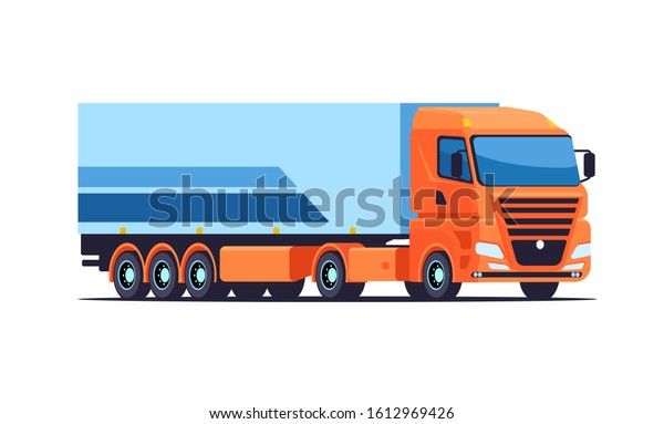 European large orange semi-trailer\
truck for long distance cargo transport. Concept logistic. Side and\
front view. Vector flat design, isolated on white\
background.