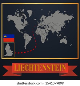 European Liechtenstein national flag, realistic globe world map blank template, solid country outline silhouette, atlas for infographic, vector illustration set, isolated object, background