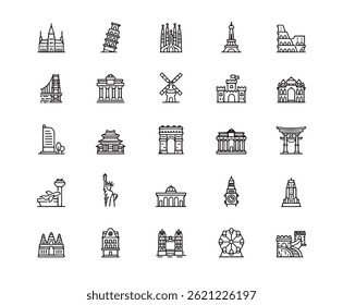 European Locations Landmarks Icon Set. Editable Stroke. Famous Place, Monument, Europe, London - England, Famous Place, Eiffel Tower - Paris