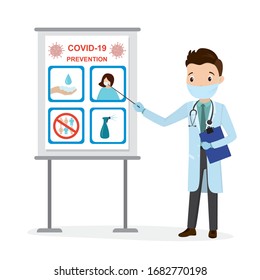 European male doctor warn about coronavirus pandemic. Cartoon man medical worker, prevention covid-19. Wear mask, wash hands thoroughly, stay home, disinfection. Flat vector illustration