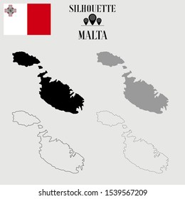 European Malta Valletta outline world map, solid, dash line contour silhouette, national flag original proportion, vector illustration design, isolated on background objects, symbol from countries set