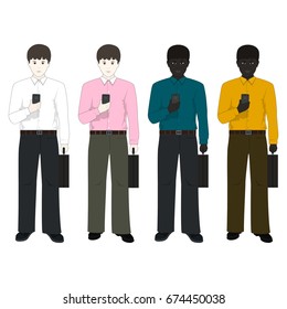 European Man and an African American Man with a Phone and a Briefcase,Two Businessmen in Different Clothes of Different Nationalities, Vector Illustration 