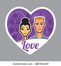 European man and asian woman in heart, inscription: love