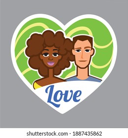 European man and black woman in heart, inscription: love