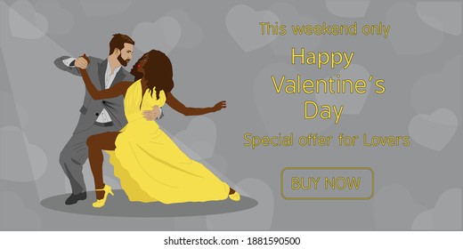 A European man dances with an African-American woman for Valentine's day. Vector illustration. A woman in a yellow dress and a man in a gray suit . Perfect for postcards, promotional material, banner.
