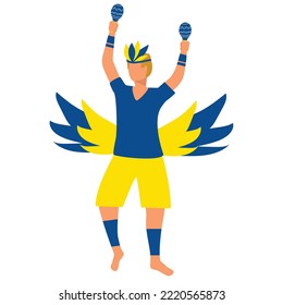 Un hombre europeo está bailando disfrazado de carnaval con plumas y maracas. Ilustración vectorial.