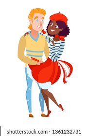 European man embraces a black beautiful girl in a red beret and a full skirt, in a sweater with stripes. In love, the guy makes a proposal to the girl, a happy young couple, cartoon style