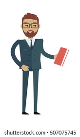 European man in expensive suit and book. Caucasian handsome boy. Attractive gentleman in luxury business clothes. Part of series of people of the world. Vector design illustration in flat style