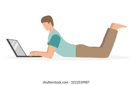 European Man Lying Down And Work With Laptop Isolated On White Background. Freelance, Work From Home. Vector Illustration.