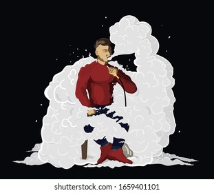 European man smokes hookah and releases a cloud of smoke on dark background. Vector illustration.