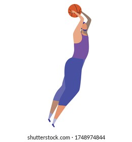 European man throws a basketball and jumps. Flat vector stock illustration with a young or adult athlete isolated on a white background for design as a basketball team