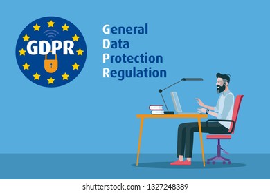 European Man working with computer and GDPR General Data Protection Regulation. European Union flag stars.