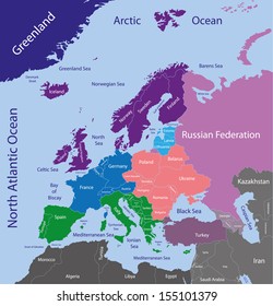 European map colored by regions vectgor illustration