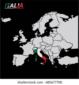 EUROPEAN MAP AND THE EU MAP ON THE BLACK BACKGROUND WITH THE SIGN OF ITALY VECTOR