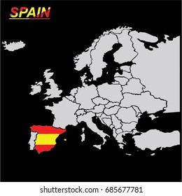 EUROPEAN MAP AND THE EU MAP ON THE BLACK BACKGROUND WITH THE SIGN OF SPAIN VECTOR