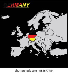 EUROPEAN MAP AND THE EU MAP ON THE BLACK BACKGROUND WITH THE SIGN OF GERMANY VECTOR