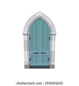 European medieval cartoon gate or door fairytale entry isolated flat cartoon or realistic icon. Vector retro gate of wood and stone, enter to tower. Doorway with pillars, aged door with handles