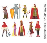 European Medieval Characters Set, Old Witch, Knight, Archer, King, Princess, Executioner, People in Historical Costumes Vector Illustration