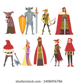 European Medieval Characters Set, Old Witch, Knight, Archer, King, Princess, Executioner, People in Historical Costumes Vector Illustration