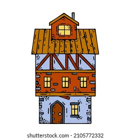 European Medieval house. German wooden Village building. Old house with chimney. Cartoon retro illustration.