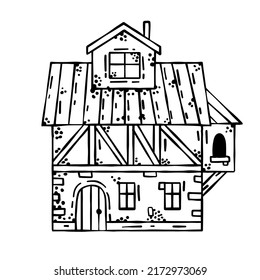 European Medieval house. Village building. Old house with chimney. Cartoon retro illustration.