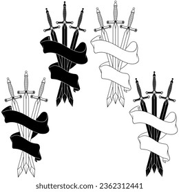 European medieval sword vector design, Medieval swords encircled with heraldic ribbon