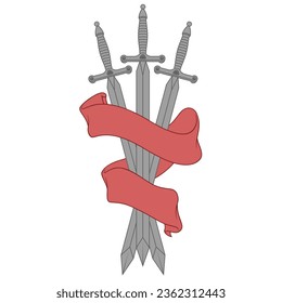 europäisches mittelalterliches Schwert-Vektordesign, mittelalterliche Schwerter umkreist mit heraldischem Band