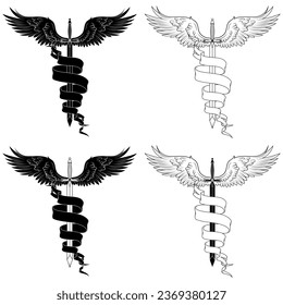 Diseño vectorial de espada medieval europeo, espada alada rodeada de cinta heráldica