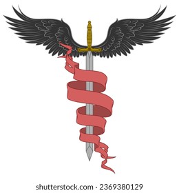 Europäisches mittelalterliches Schwert, Vektordesign, Flügelschwert, umgeben von heraldischem Band