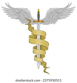 Europäisches mittelalterliches Schwert, Vektordesign, Flügelschwert, umgeben von heraldischem Band