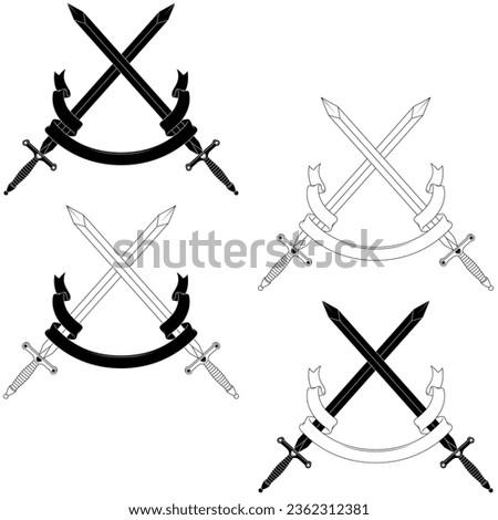 European medieval sword vector design, Medieval swords encircled with heraldic ribbon