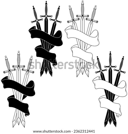 European medieval sword vector design, Medieval swords encircled with heraldic ribbon
