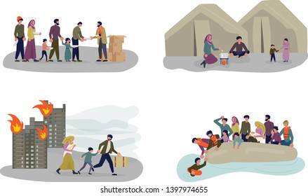 European Migrant Crisis Concept set. Refugee Family with Children. Sailing to Europe on the Boat. Crossing the border and Life in the Refugee Camp. Flat Art Vector illustration