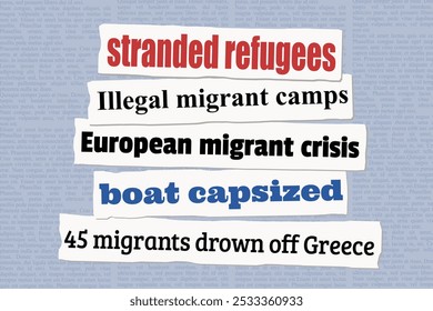 European migrant and refugee crisis. News headlines from newspapers.
