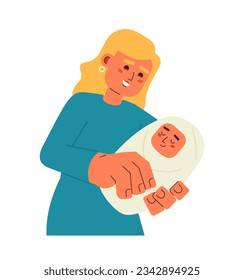 Mamá europea sostiene personajes vectores de color semi-plano. Maternidad. Nuevo padre con bebé envuelto. Medio cuerpo editable en blanco. Ilustración simple de dibujos animados para el diseño gráfico web