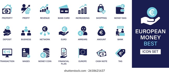 European money icon set collection. Property, profit, revenue, bank card, increasing shopping, money bag, deposit, business, network and best solid icon set.