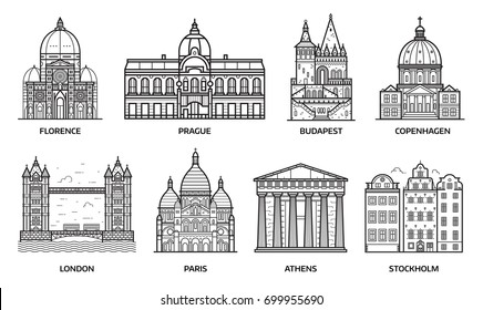 European monuments and landmarks. Europe travel destinations with famous buildings and tourist attractions in line art design. Top cities including Florence, Paris, Budapest, Prague, London and more. 